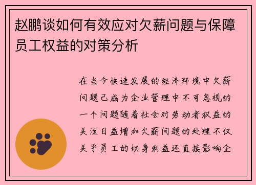 赵鹏谈如何有效应对欠薪问题与保障员工权益的对策分析